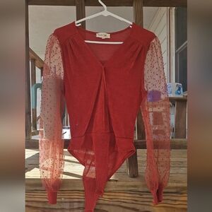 Elegant Red Sheer Sleeve Women's Top